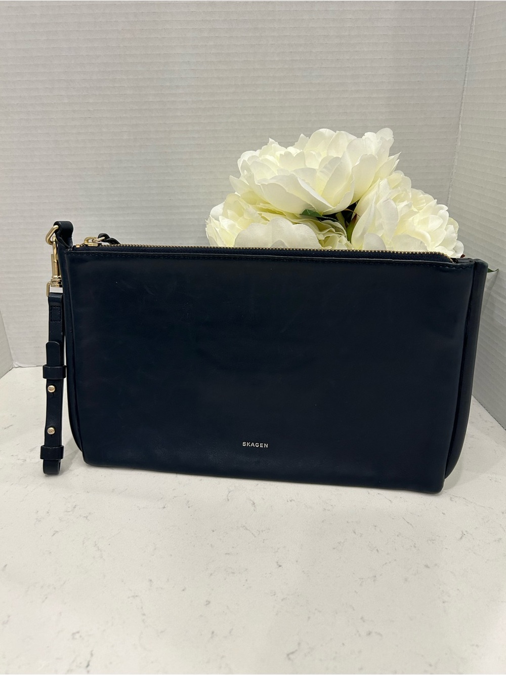 Skagen Navy Leather Wristlet Clutch with Gold Hardware